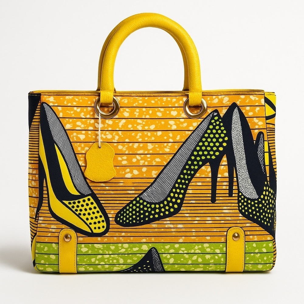 Halo & Way Ankara Wax Print Leather Tote Yellow Green Heels Bag Boho Retro Y2K